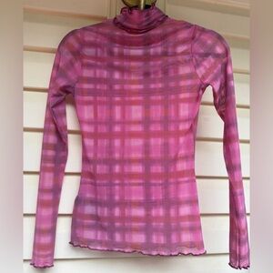 Pilcro & Letterpress Pink Plaid Mesh Mock Neck Top, Stretchy, Li g Sleeved, XXS
